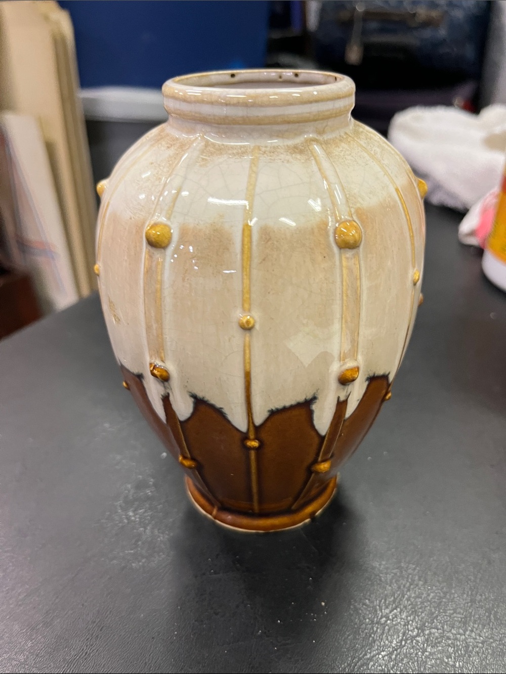 Handcrafted Ceramic Vase in Cream and Brown